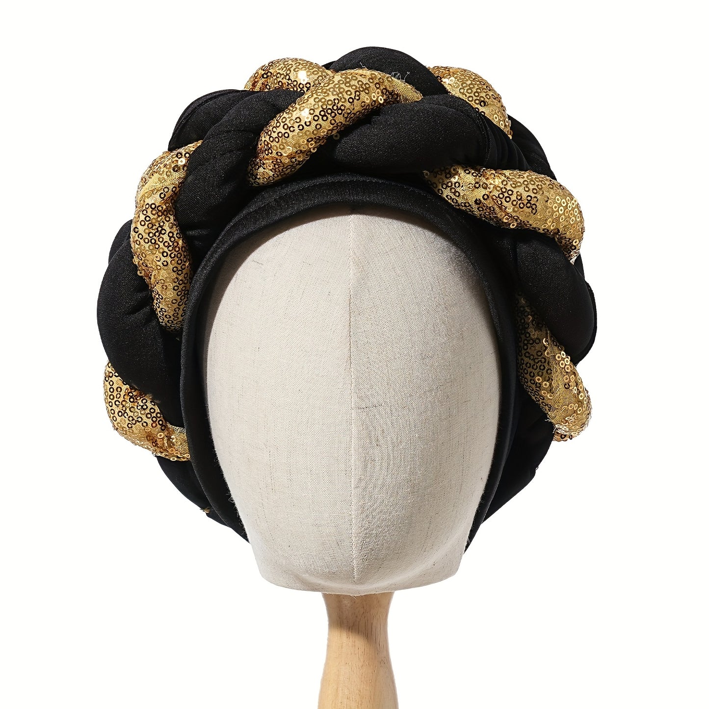 1pc Women's Elegant Turban Headwrap - Golden Spangle 2-Strand Braid, Lightweight Polyester, Non-Stretch - Wedding & Festive Attire | Hand Wash/Dry Clean | Toggle Closure