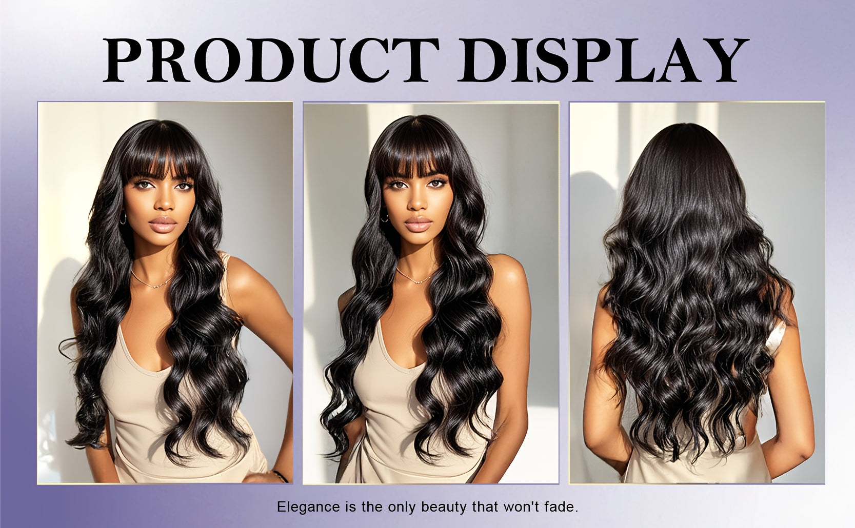Three views of a woman with long, wavy black hair on a product display background.