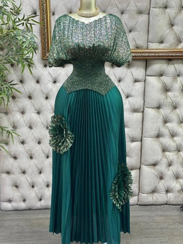 Women Batwing Top & 3D floral Pleated Skirt