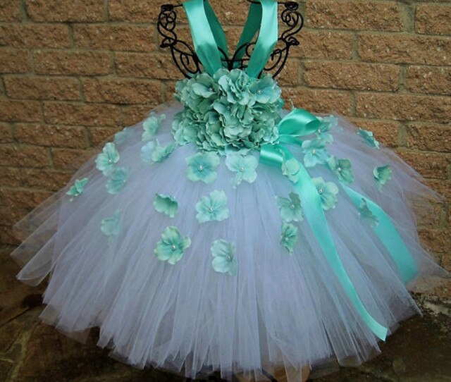 Girls Green Petals Tutu Dress Kids Flower Straps Dress Ball Gown with Ribbon Bow Children Christmas Wedding Party Costume Dress