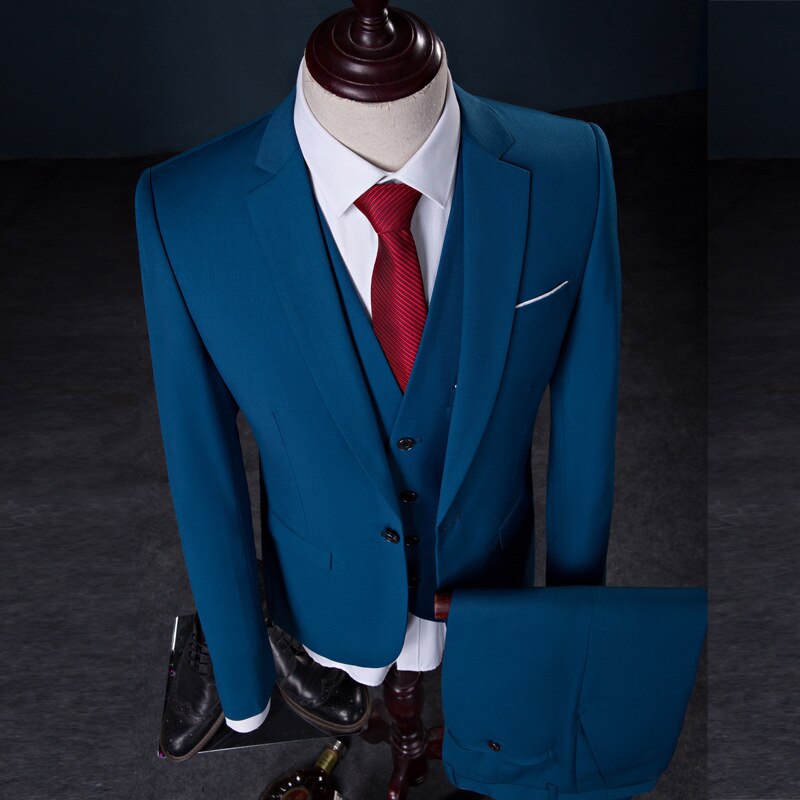 Spring And Autumn High Quality 3Piece Bride Dress Slim Fit Wedding Evening Men Vest Suit Classic Solid  Blue Formal Male Blazer