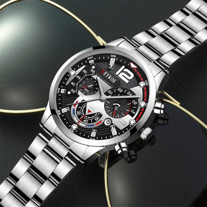 Luxury Mens Watches Fashion Stainless Steel Quartz Wrist Watch Calendar Date Luminous Clock Men Business Casual Leather Watch