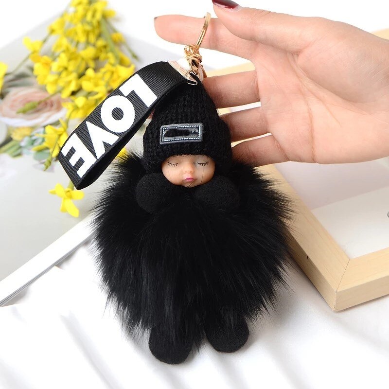 Real Fox Fur Pompom Sleeping Baby Keychain Fluffy Plush Doll