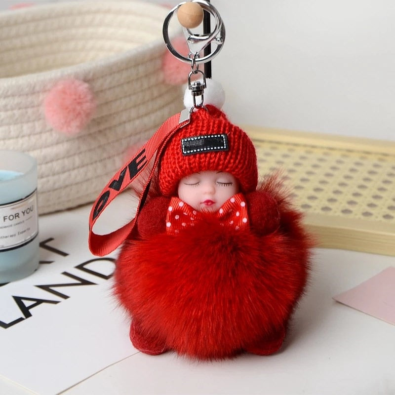 Real Fox Fur Pompom Sleeping Baby Keychain Fluffy Plush Doll