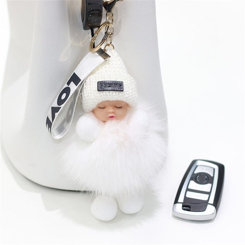 Real Fox Fur Pompom Sleeping Baby Keychain Fluffy Plush Doll