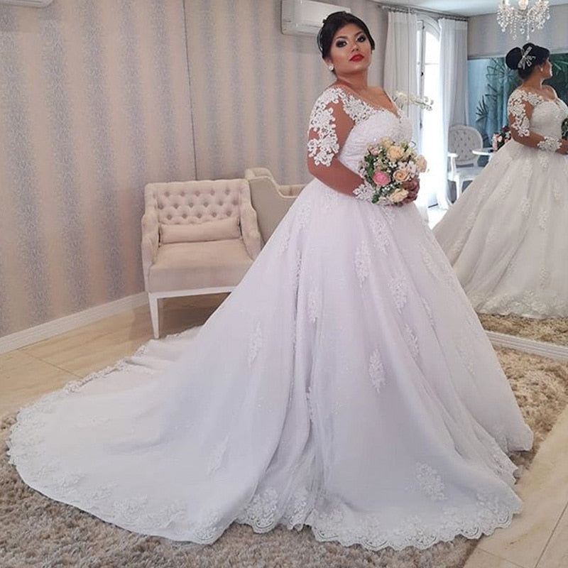 Lace Wedding Dress Plus Size Illusion Long Sleeve Pearls Beading Appliques White Bridal Gowns
