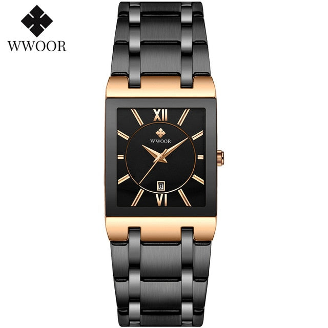 WWOOR Ladies Fashion Watches Top Brand Luxury Square Dress Black Gold Quartz Wrist Watch Stainless Steel Waterproof Women Watch