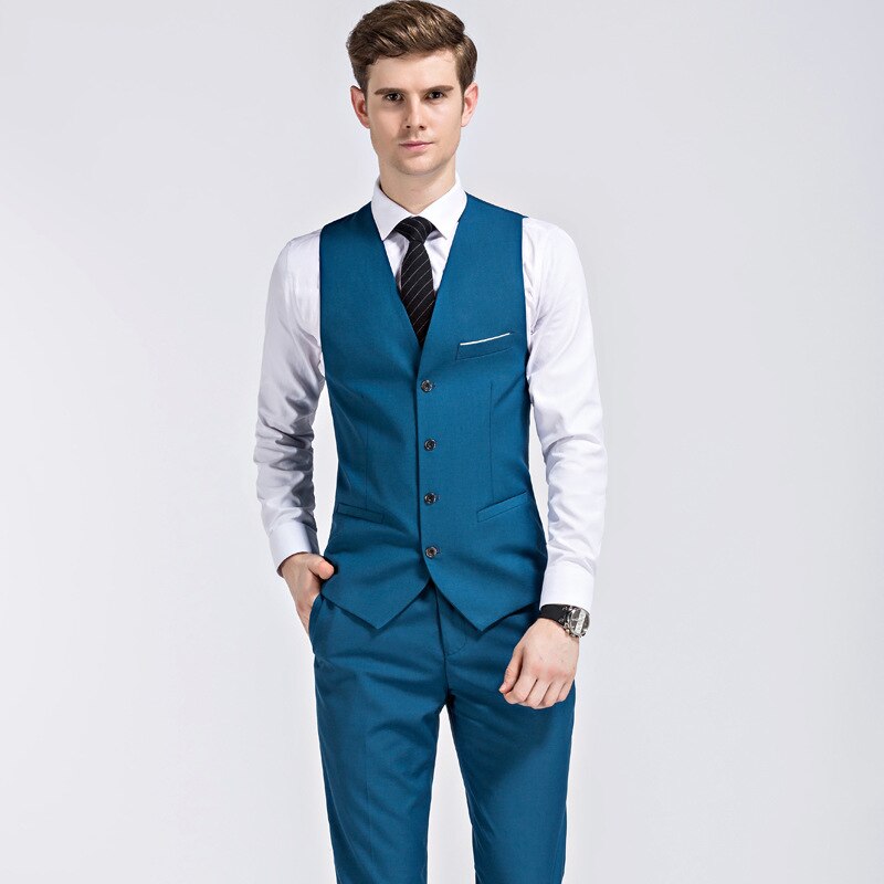 Spring And Autumn High Quality 3Piece Bride Dress Slim Fit Wedding Evening Men Vest Suit Classic Solid  Blue Formal Male Blazer
