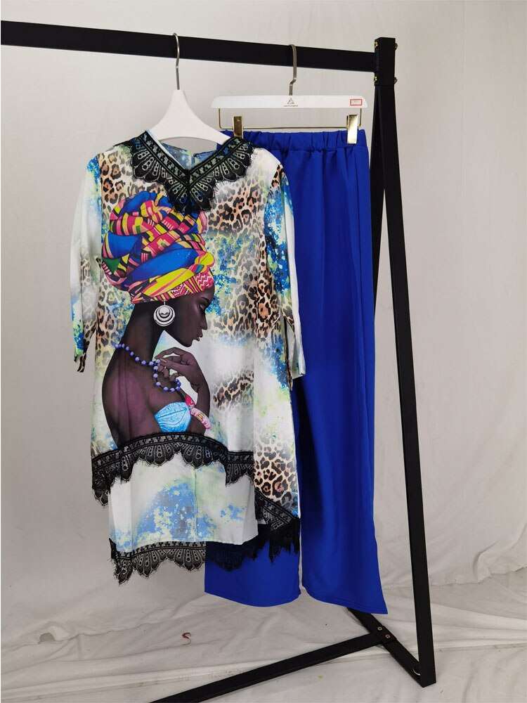 African New Fashion Lace Collar Suit (Dress and Trousers)Bat SLeeve  Suit Oversized African For Lady(KSTZ1#)