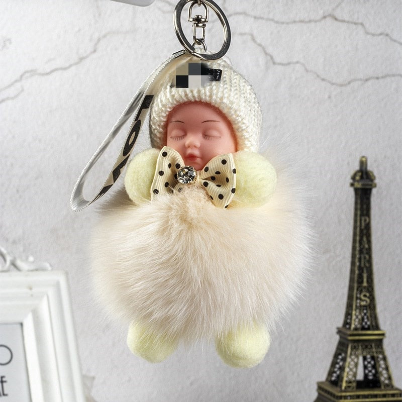 Real Fox Fur Pompom Sleeping Baby Keychain Fluffy Plush Doll