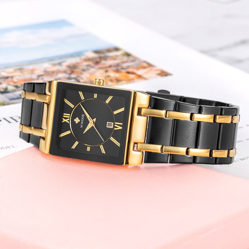 WWOOR Ladies Fashion Watches Top Brand Luxury Square Dress Black Gold Quartz Wrist Watch Stainless Steel Waterproof Women Watch