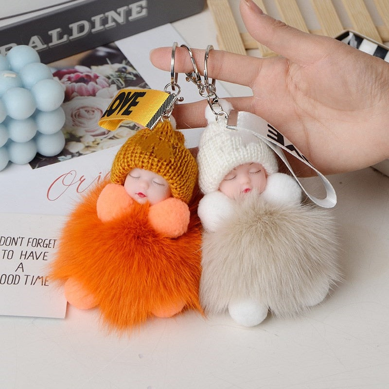 Real Fox Fur Pompom Sleeping Baby Keychain Fluffy Plush Doll