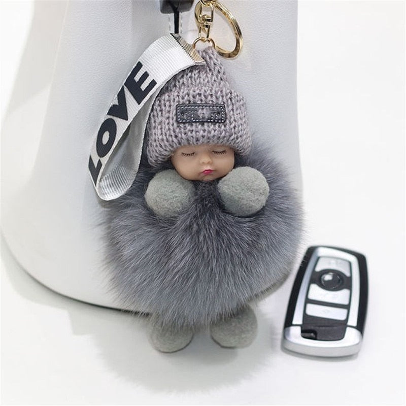 Real Fox Fur Pompom Sleeping Baby Keychain Fluffy Plush Doll