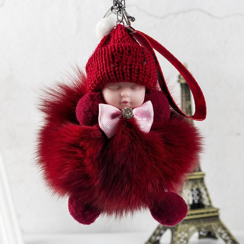 Real Fox Fur Pompom Sleeping Baby Keychain Fluffy Plush Doll