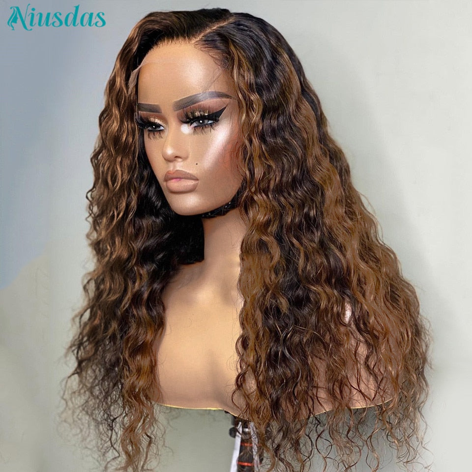 Highlight Wig Human Hair Wigs Water Wave Lace Front Wig 4*4 Closure Wigs For Women Human Hair Niusdas Lace Wigs 150% Density