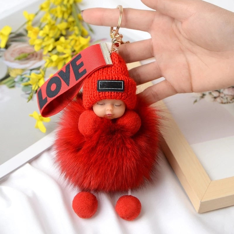 Real Fox Fur Pompom Sleeping Baby Keychain Fluffy Plush Doll