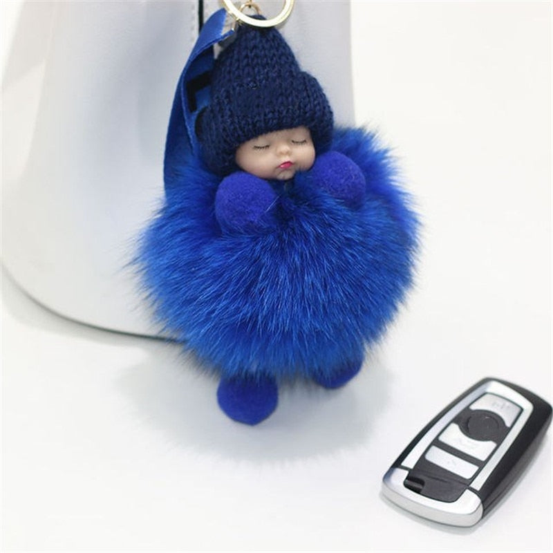 Real Fox Fur Pompom Sleeping Baby Keychain Fluffy Plush Doll