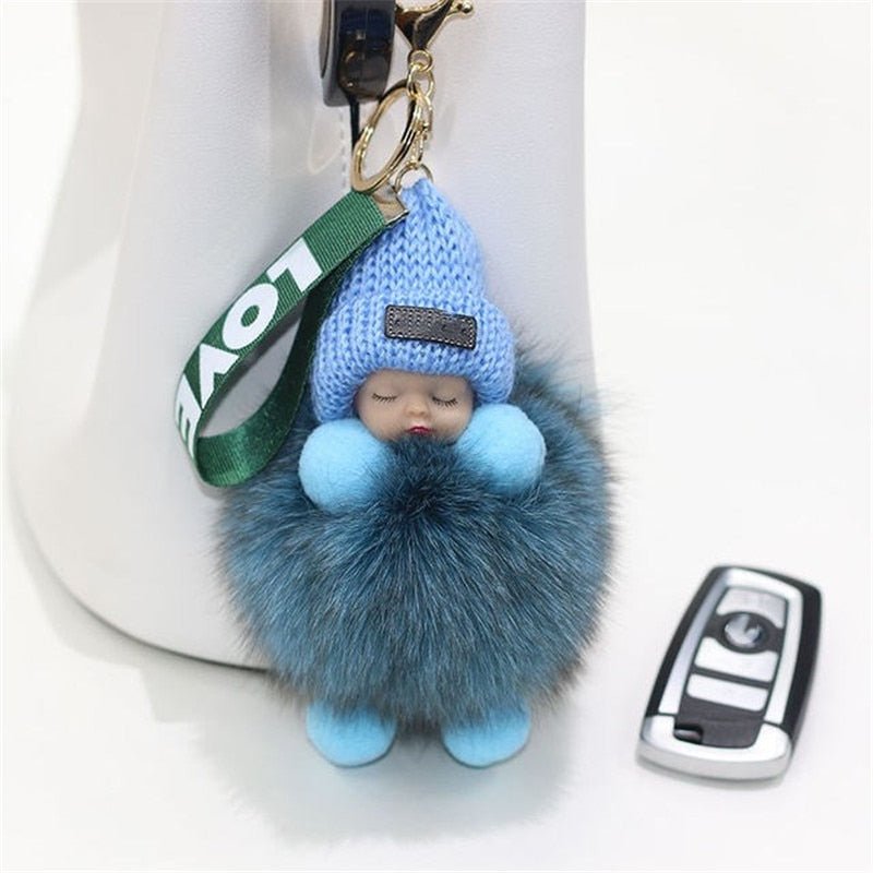 Real Fox Fur Pompom Sleeping Baby Keychain Fluffy Plush Doll