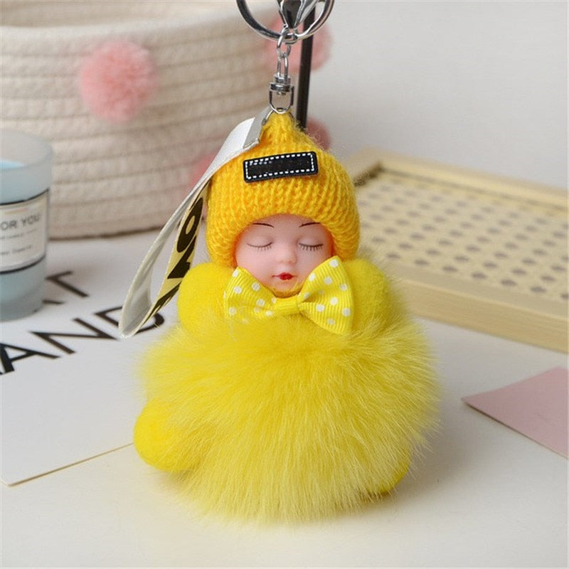 Real Fox Fur Pompom Sleeping Baby Keychain Fluffy Plush Doll