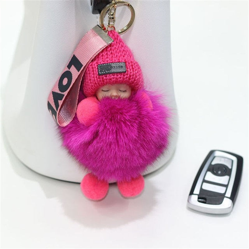 Real Fox Fur Pompom Sleeping Baby Keychain Fluffy Plush Doll
