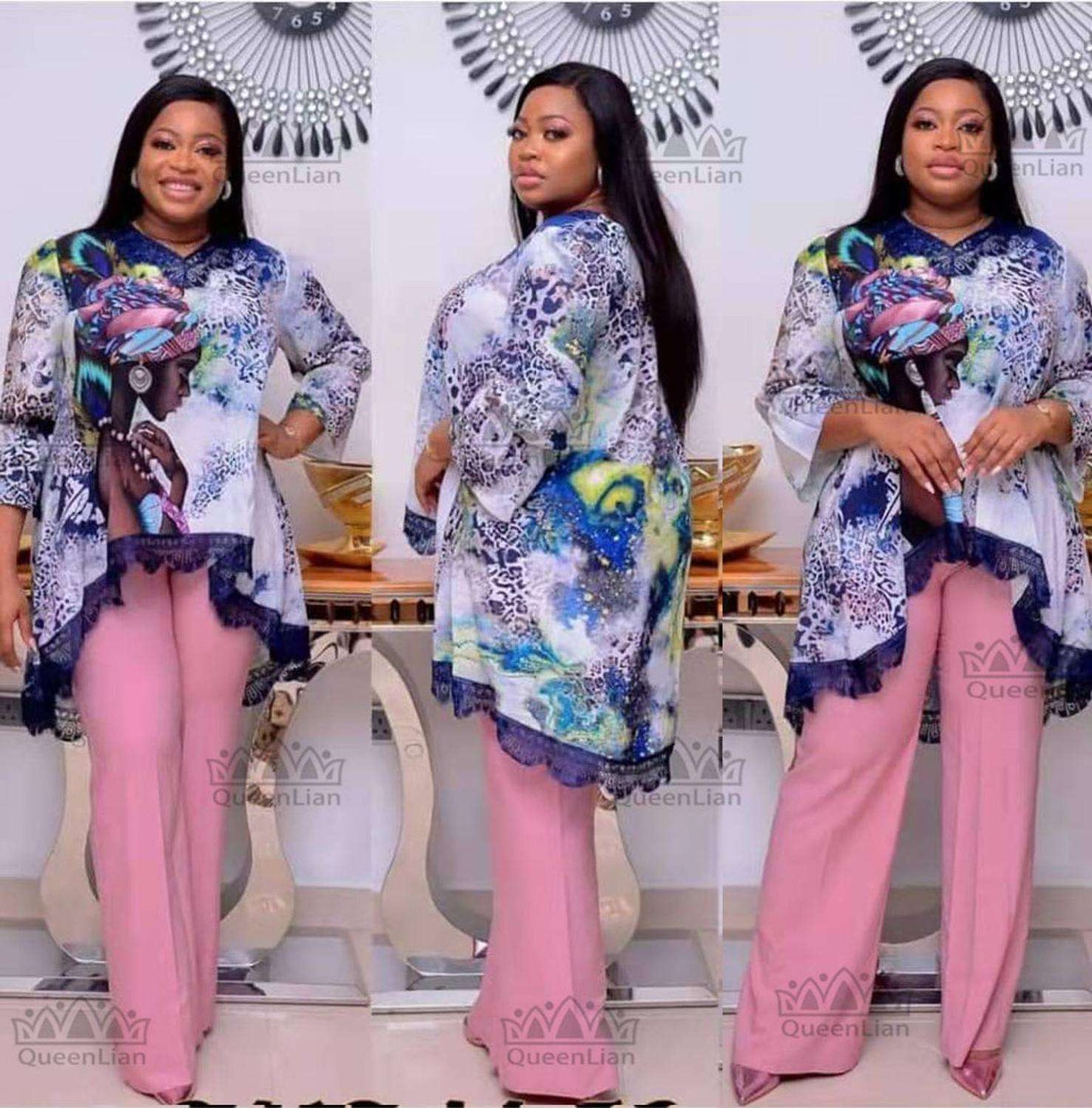 African New Fashion Lace Collar Suit (Dress and Trousers)Bat SLeeve  Suit Oversized African For Lady(KSTZ1#)