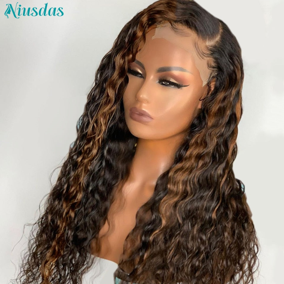 Highlight Wig Human Hair Wigs Water Wave Lace Front Wig 4*4 Closure Wigs For Women Human Hair Niusdas Lace Wigs 150% Density
