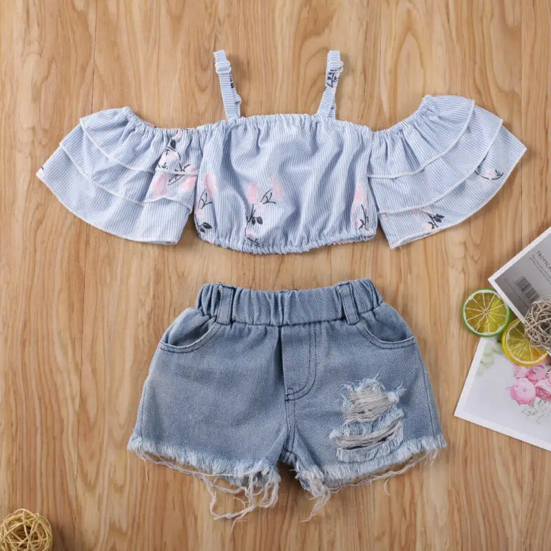 Fashion 2PCS Kid Baby Girl Clothes Off Shoulder Striped Ruffle Sleeve T-shirt Ripped Denim Shorts Summer Outfit Set