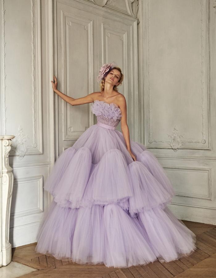 Lavender Purple Ball Gown Dress Beaded Ruffles Dress Lush Tulle Dress For Women Fluffy Prom Dresses Soft Wedding Dress For Bride