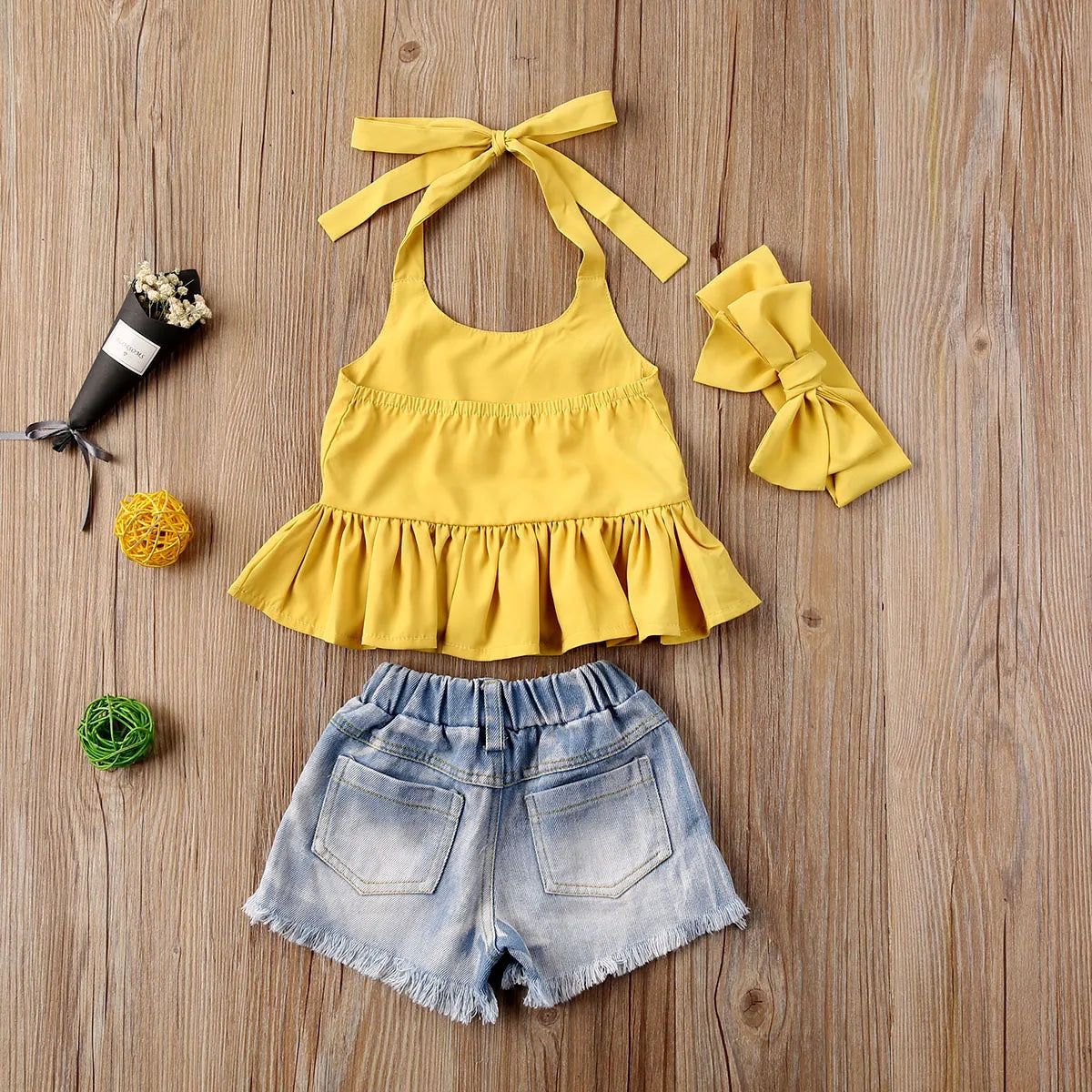 Summer 2-6Years Baby Girl Clothes Yellow Sleeveless Halter Tops Denim Shorts Headband Kids Outfit Set