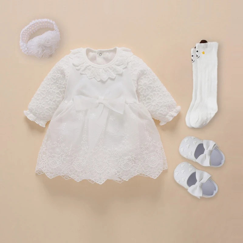 Newborn Baby Girl Dresses Clothes For 0-3 Month Set Party Birthday Dress Outfits 0-1 Years Shoes Tights & Long Socks Christening