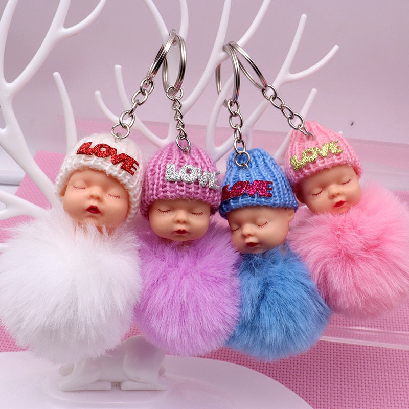 Real Fox Fur Pompom Sleeping Baby Keychain Fluffy Plush Doll