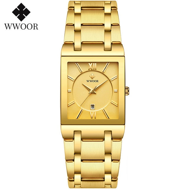 WWOOR Ladies Fashion Watches Top Brand Luxury Square Dress Black Gold Quartz Wrist Watch Stainless Steel Waterproof Women Watch