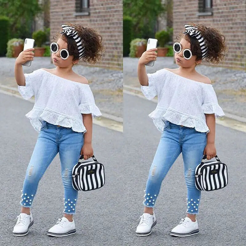 1-6Y Toddler Kids Baby Girls Clothes Sets White Off Shoulder Tops T-shirt Denim Long Pants Jeans Trouser For Girl Outfits