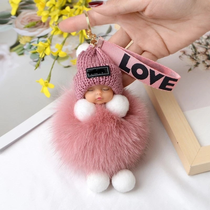 Real Fox Fur Pompom Sleeping Baby Keychain Fluffy Plush Doll