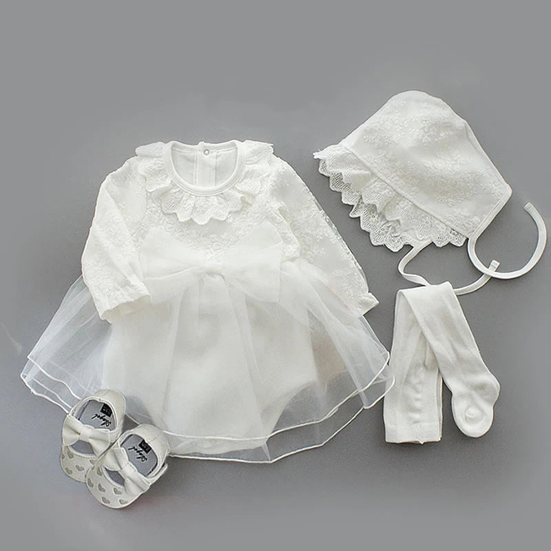 Newborn Baby Girl Dresses Clothes For 0-3 Month Set Party Birthday Dress Outfits 0-1 Years Shoes Tights & Long Socks Christening