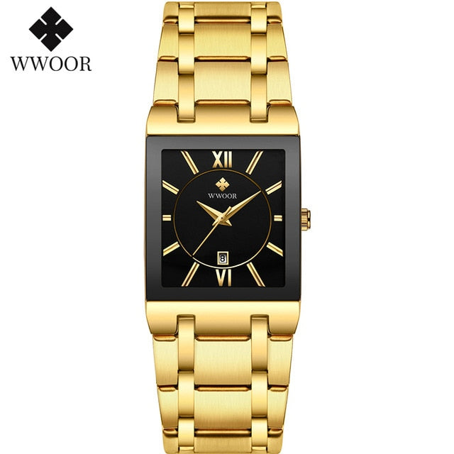 WWOOR Ladies Fashion Watches Top Brand Luxury Square Dress Black Gold Quartz Wrist Watch Stainless Steel Waterproof Women Watch