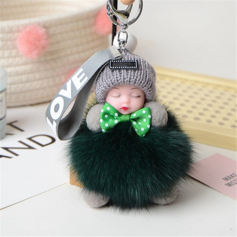 Real Fox Fur Pompom Sleeping Baby Keychain Fluffy Plush Doll