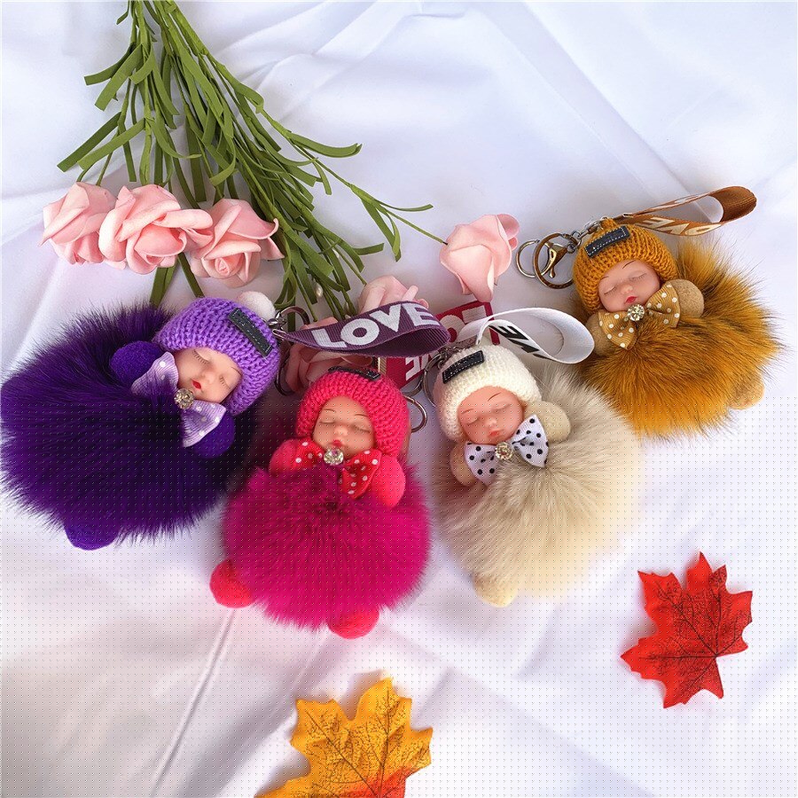 Real Fox Fur Pompom Sleeping Baby Keychain Fluffy Plush Doll
