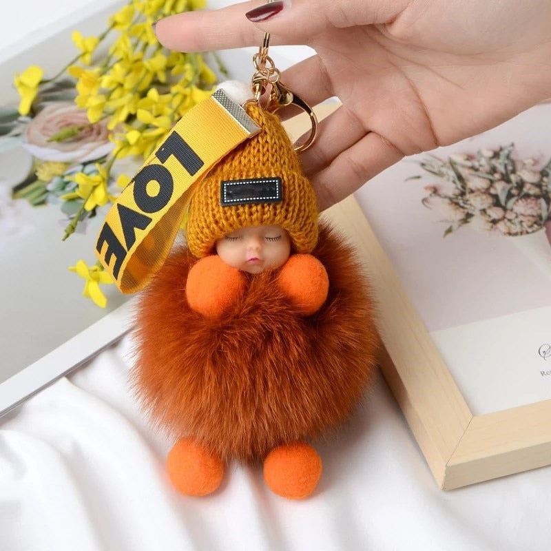 Real Fox Fur Pompom Sleeping Baby Keychain Fluffy Plush Doll
