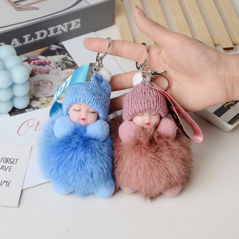 Real Fox Fur Pompom Sleeping Baby Keychain Fluffy Plush Doll