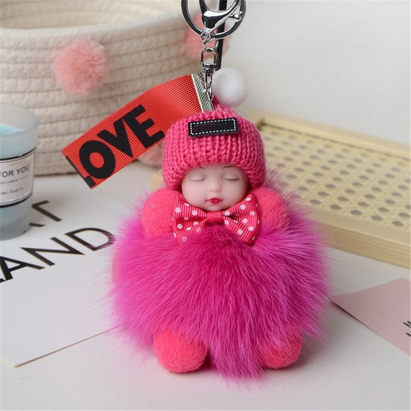 Real Fox Fur Pompom Sleeping Baby Keychain Fluffy Plush Doll