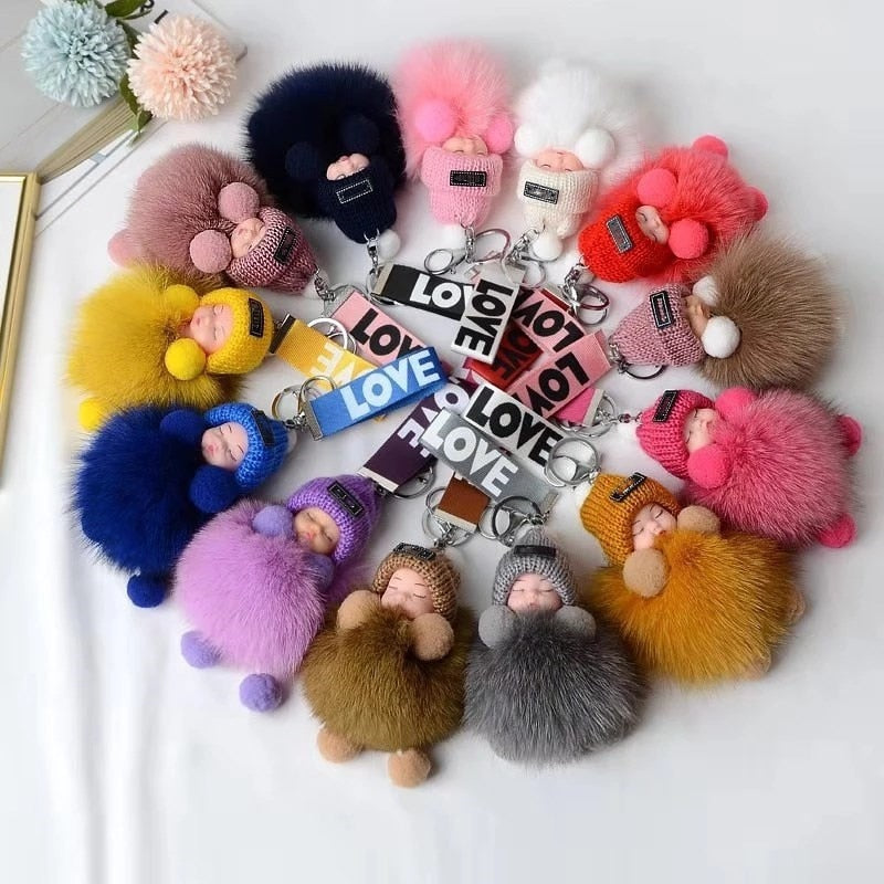Real Fox Fur Pompom Sleeping Baby Keychain Fluffy Plush Doll