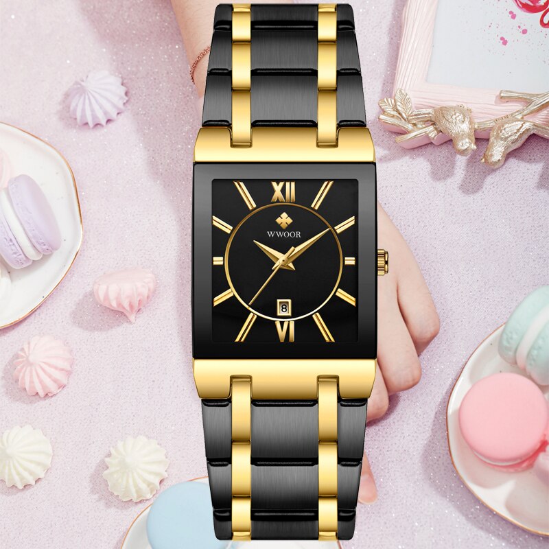 WWOOR Ladies Fashion Watches Top Brand Luxury Square Dress Black Gold Quartz Wrist Watch Stainless Steel Waterproof Women Watch
