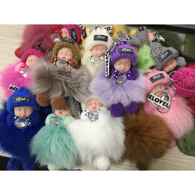 Real Fox Fur Pompom Sleeping Baby Keychain Fluffy Plush Doll