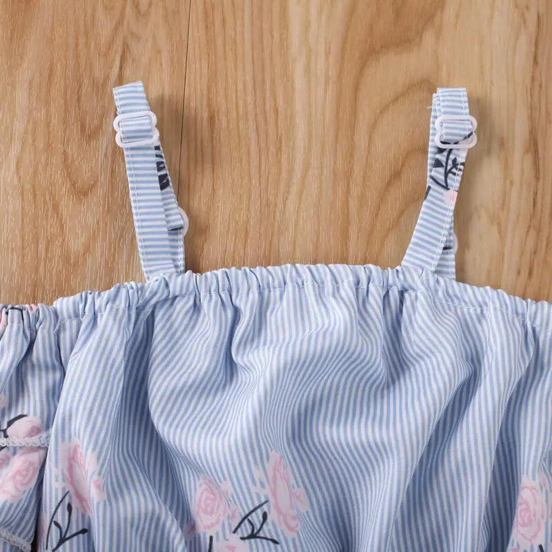 Fashion 2PCS Kid Baby Girl Clothes Off Shoulder Striped Ruffle Sleeve T-shirt Ripped Denim Shorts Summer Outfit Set