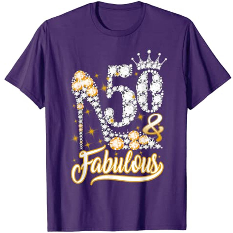 Fabulous 50th Birthday Diamond Crown Shoes T-Shirt Graphic Tee Tops Woman T Shirts