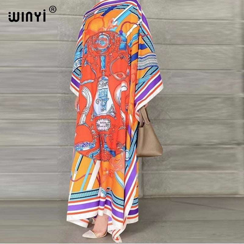 Africa Fashion Blogger Recommend Popular printed Silk Kaftan Maxi dresses Loose Summer Beach Bohemian kaftan long dress for lady