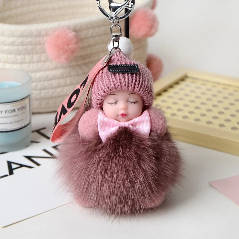 Real Fox Fur Pompom Sleeping Baby Keychain Fluffy Plush Doll