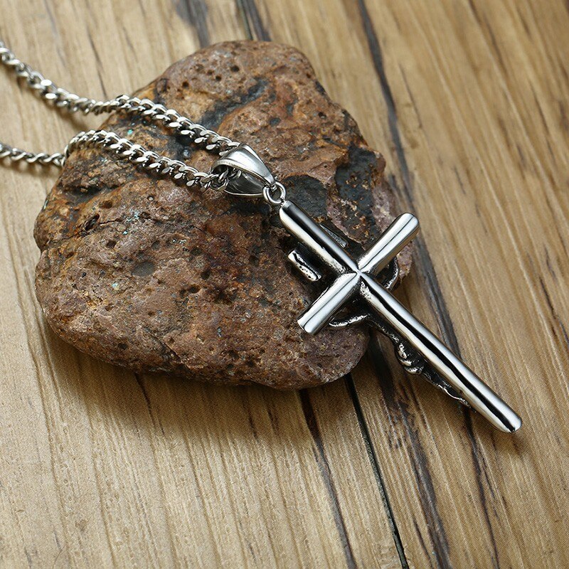 Vantage Mens Crucifix Necklace Ancient silver color Stainless Steel Italian Chain Male Charm Cross Pendant Jewelry