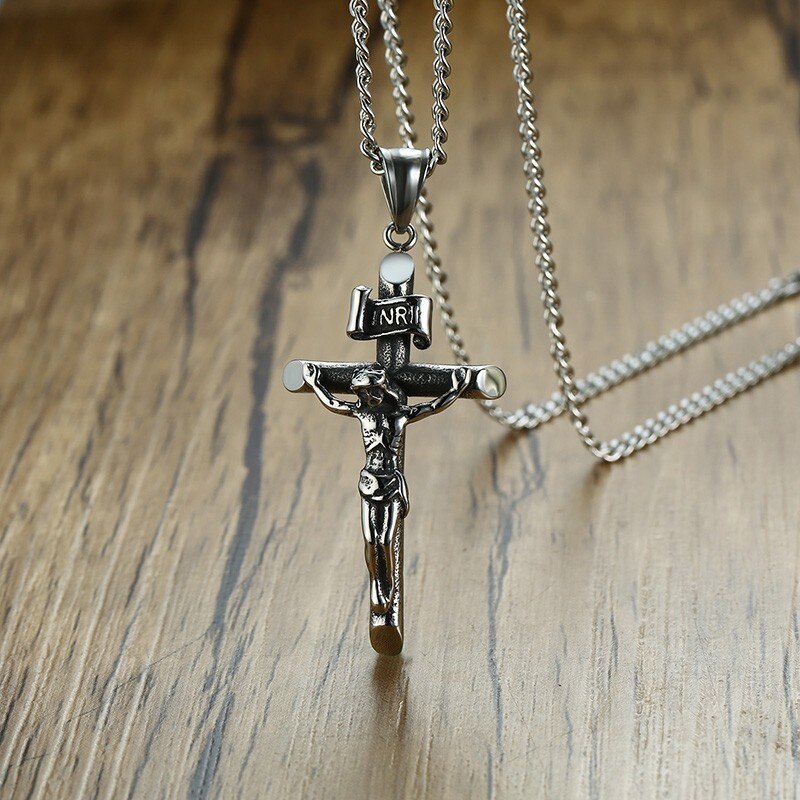 Vantage Mens Crucifix Necklace Ancient silver color Stainless Steel Italian Chain Male Charm Cross Pendant Jewelry